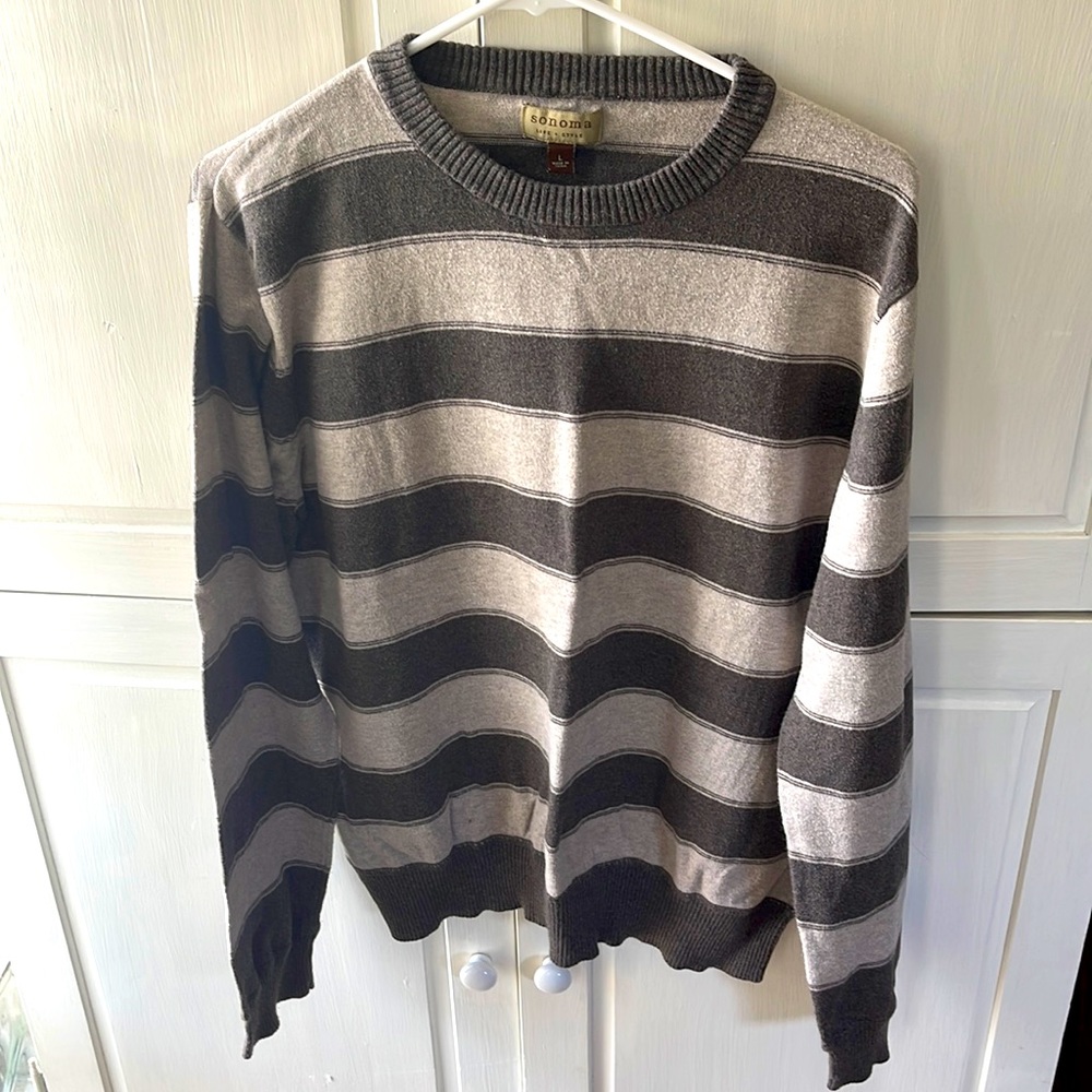 Mens Striped Gray and Tan Sweater